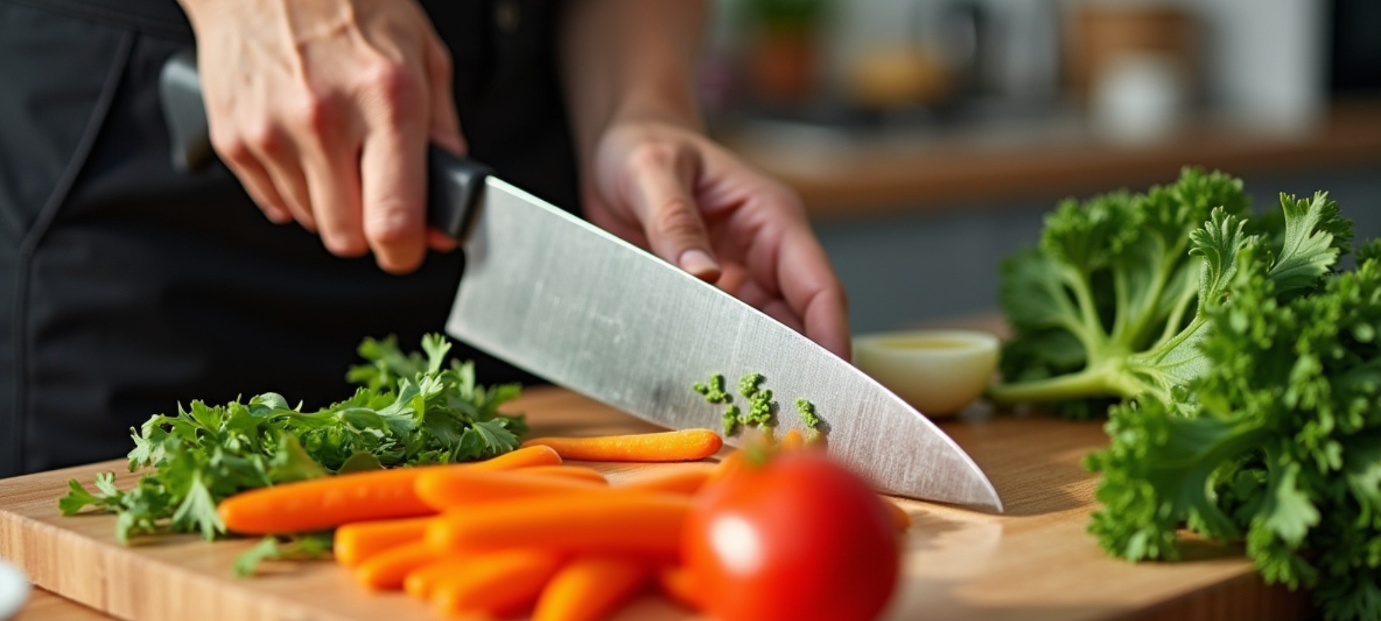 Hands holding knife chopping veggies